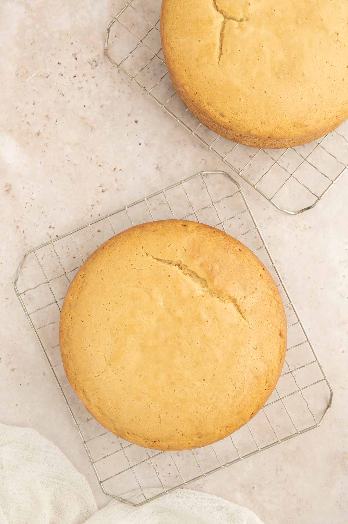 Two golden vegan sponge cake layers cooling on wire racks before decorating.