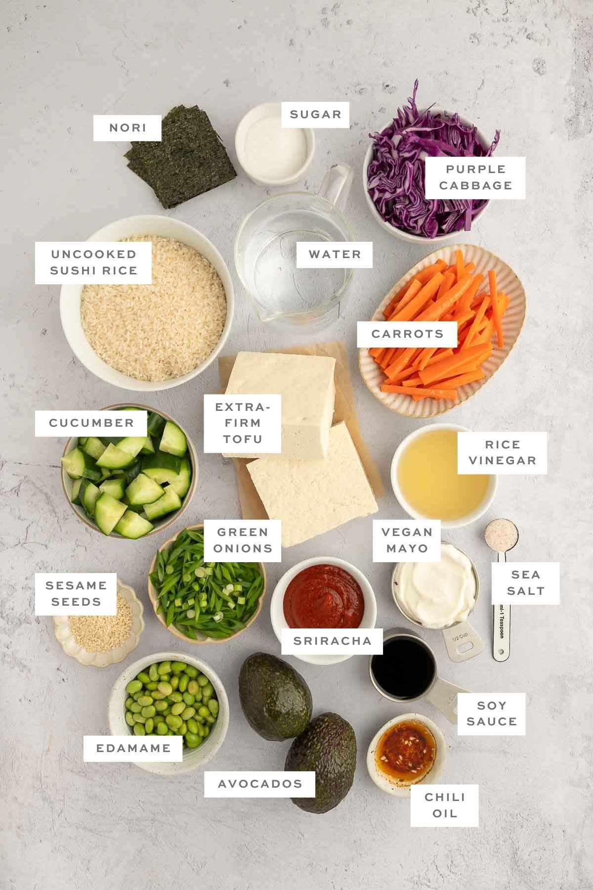 Labeled ingredients for a vegan poke bowl, including tofu, edamame, sushi rice, avocado, cucumber, carrots, cabbage, nori, and sauces.