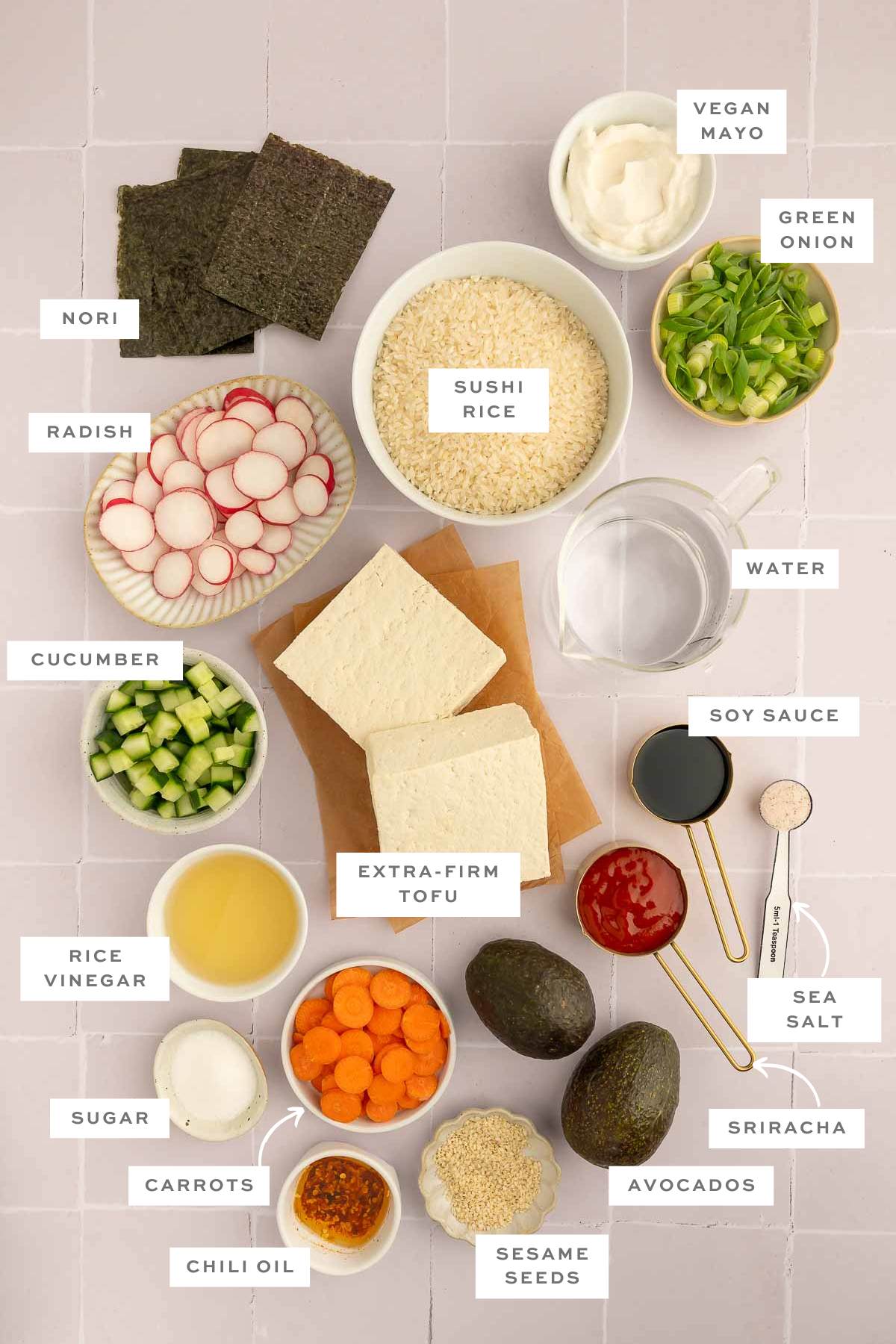 Gathered ingredients for this vegan sushi bake recipe measured out and labeled.