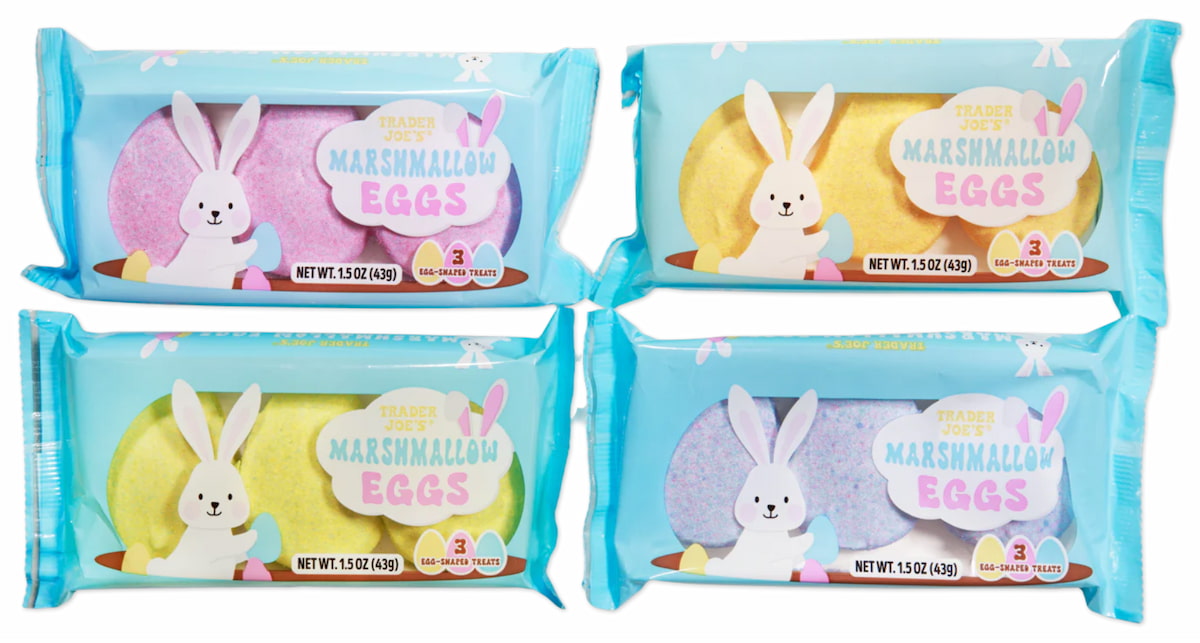 Four Trader Joe's packages of vegan marshmallow eggs in Easter colors.