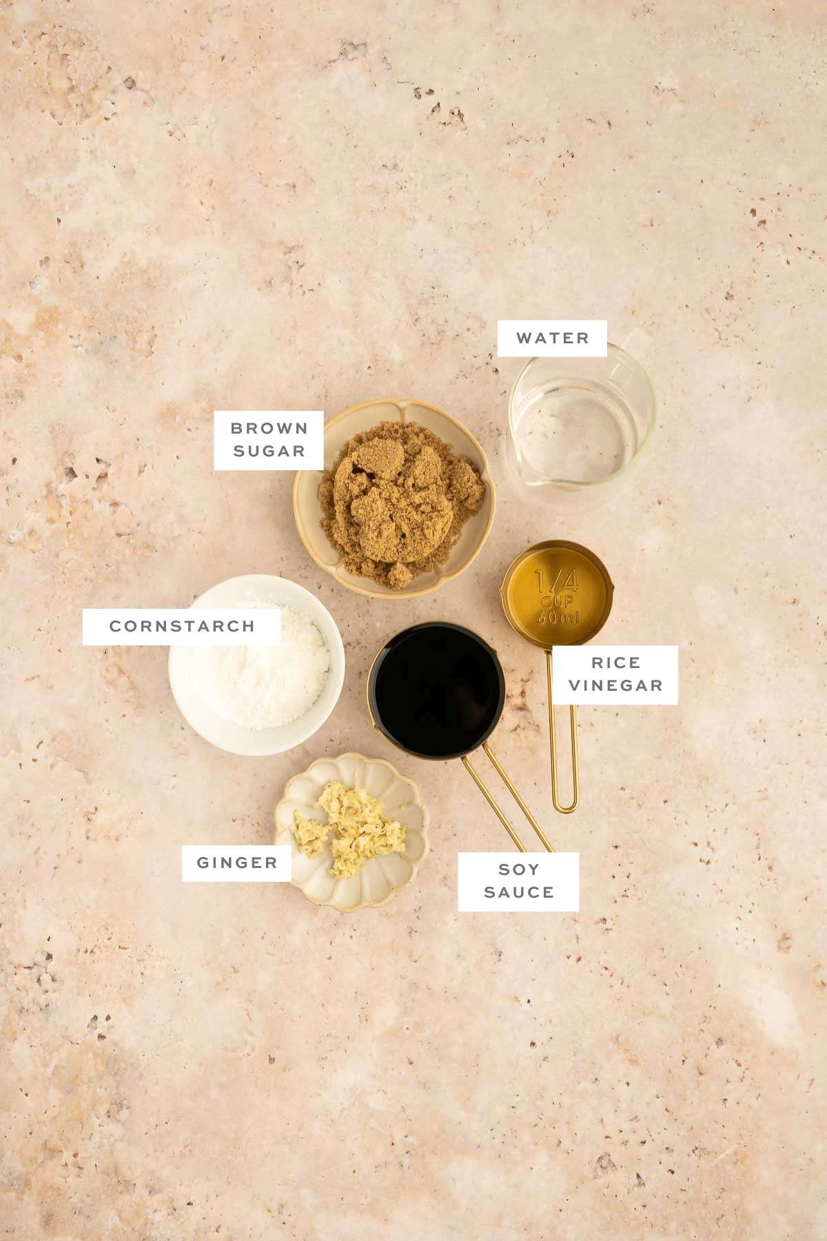 Labeled ingredients for teriyaki sauce including soy sauce, brown sugar, rice vinegar, ginger, and cornstarch.