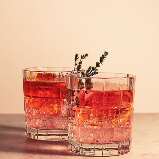 Two glass of a vegan alcohol cocktail, garnished with fresh herbs.