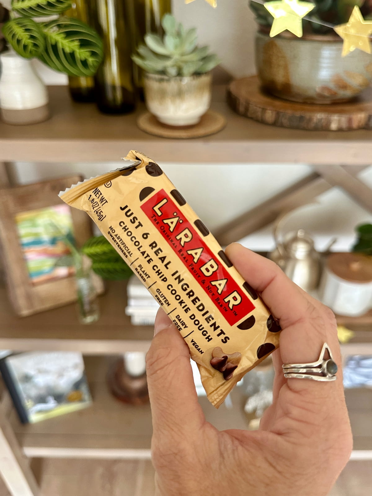 A hand holding a Larabar protein bar in chocolate chip cookie dough flavor.