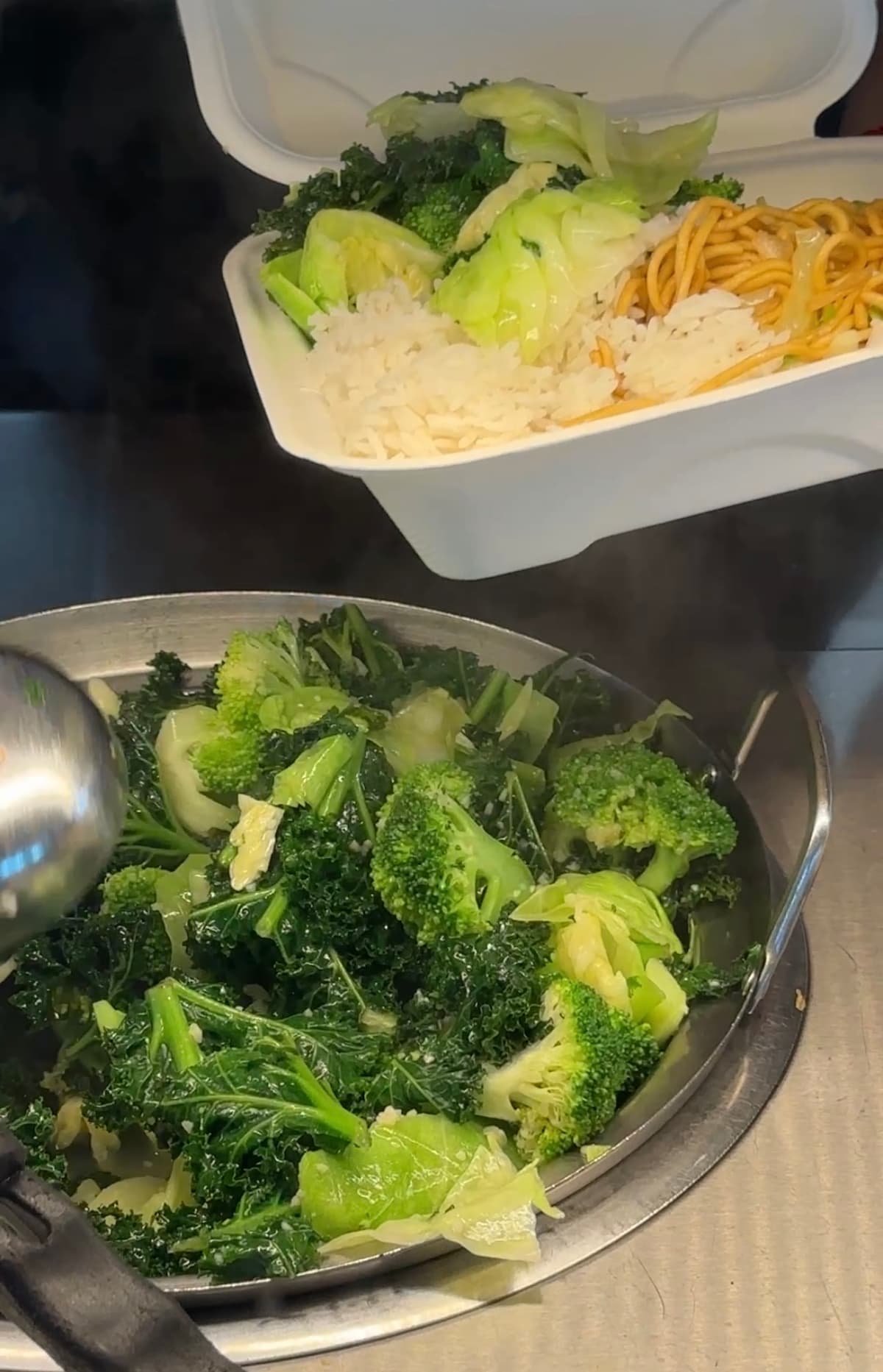 Vegan sides at Panda Express including super greens, steamed rice and noodles. 