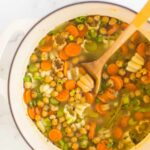 Chickpea noodle soup in a pot.