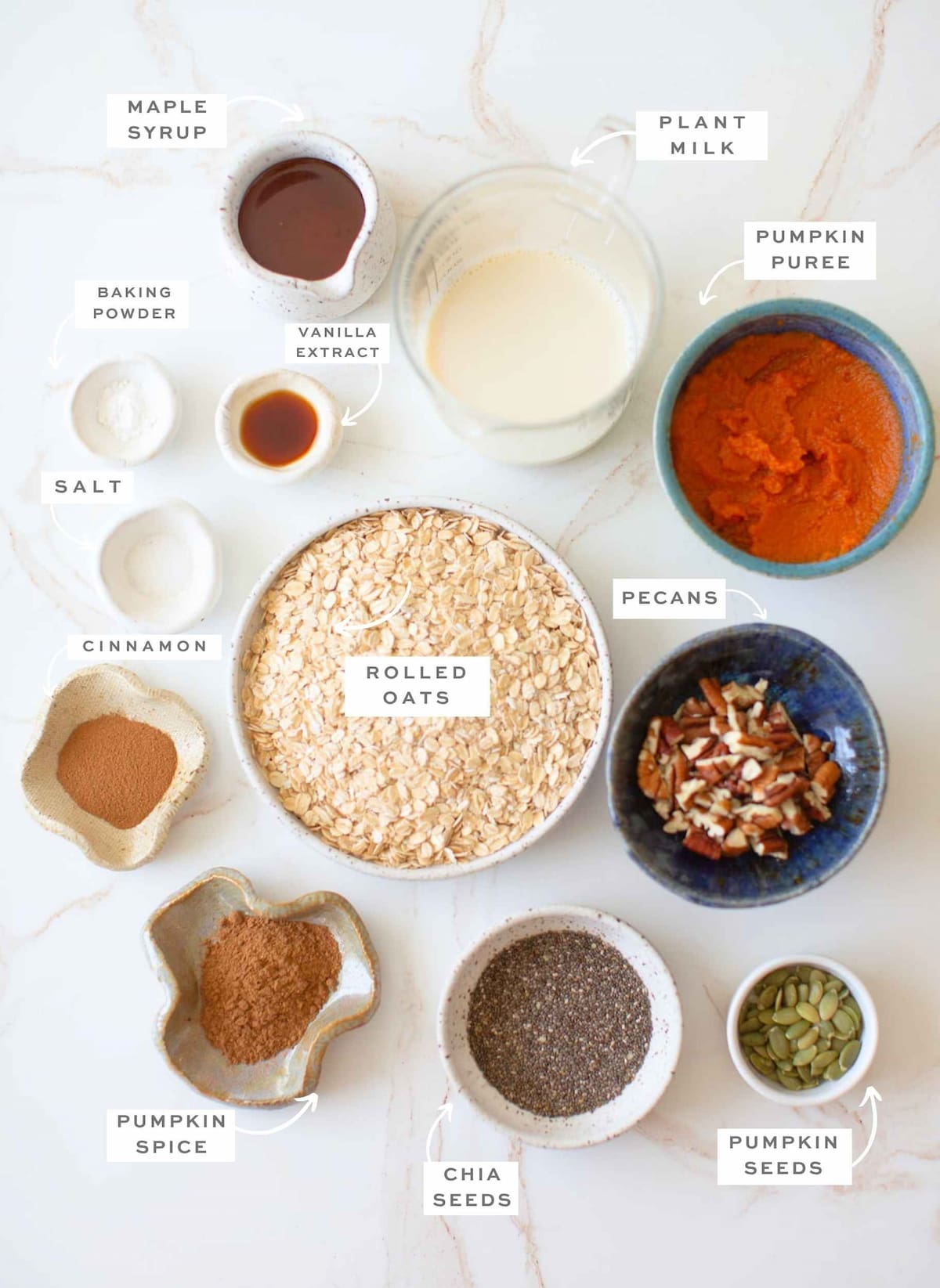 Vegan pumpkin baked oatmeal recipe ingredients labeled.