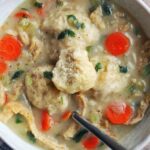 Vegan Chicken and Dumplings Soup Served in a Bowl From the Plantiful Cookbook