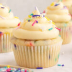 A close up of a vegan funfetti cupcake with frosting and vegan sprinkles.