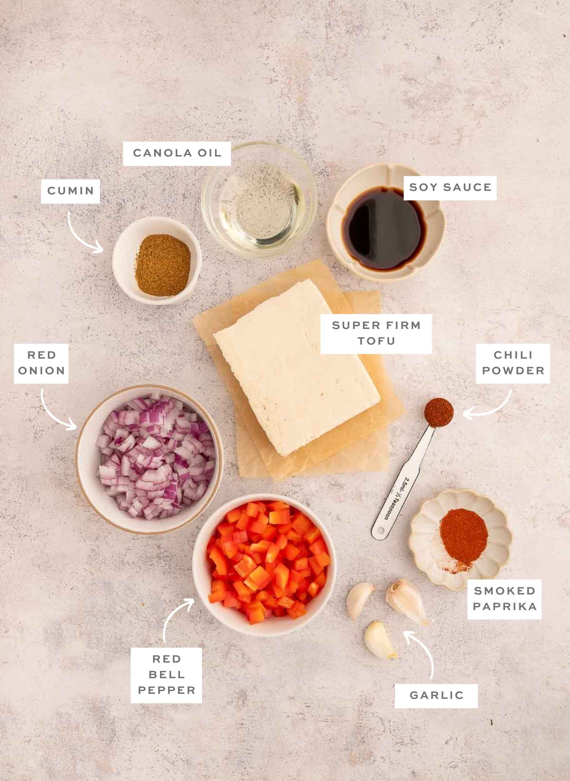 Gathered ingredients for this tofu taco meat crumbles with labels.