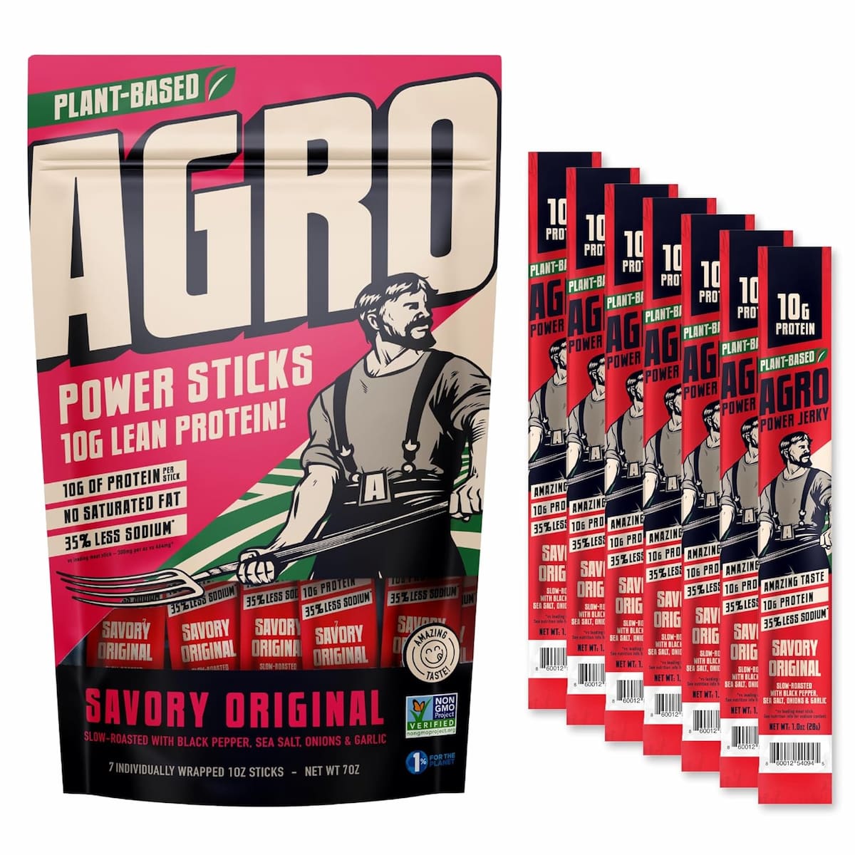 A full package of Agro Power vegan jerky sticks next to individually packaged sticks.