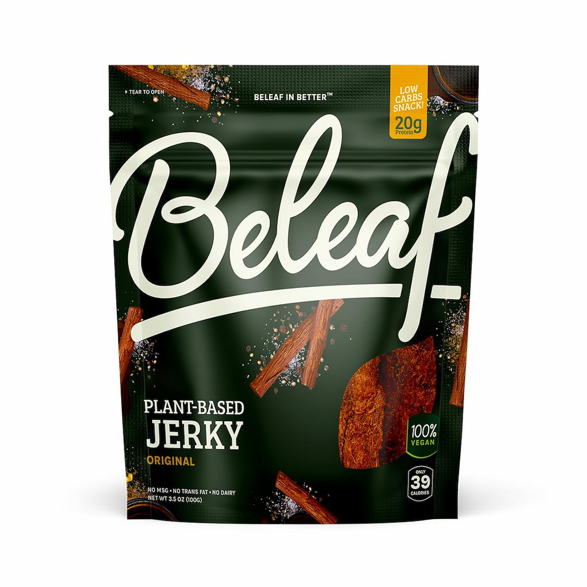 A bag of Beleaf vegan jerky in a black package.