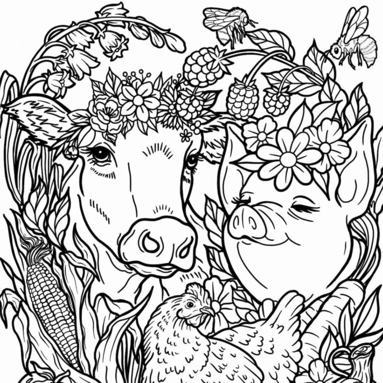 Vegan coloring page of a pig, cow, and chickens surrounded by flowers and plants, highlights vegan farm animal compassion.