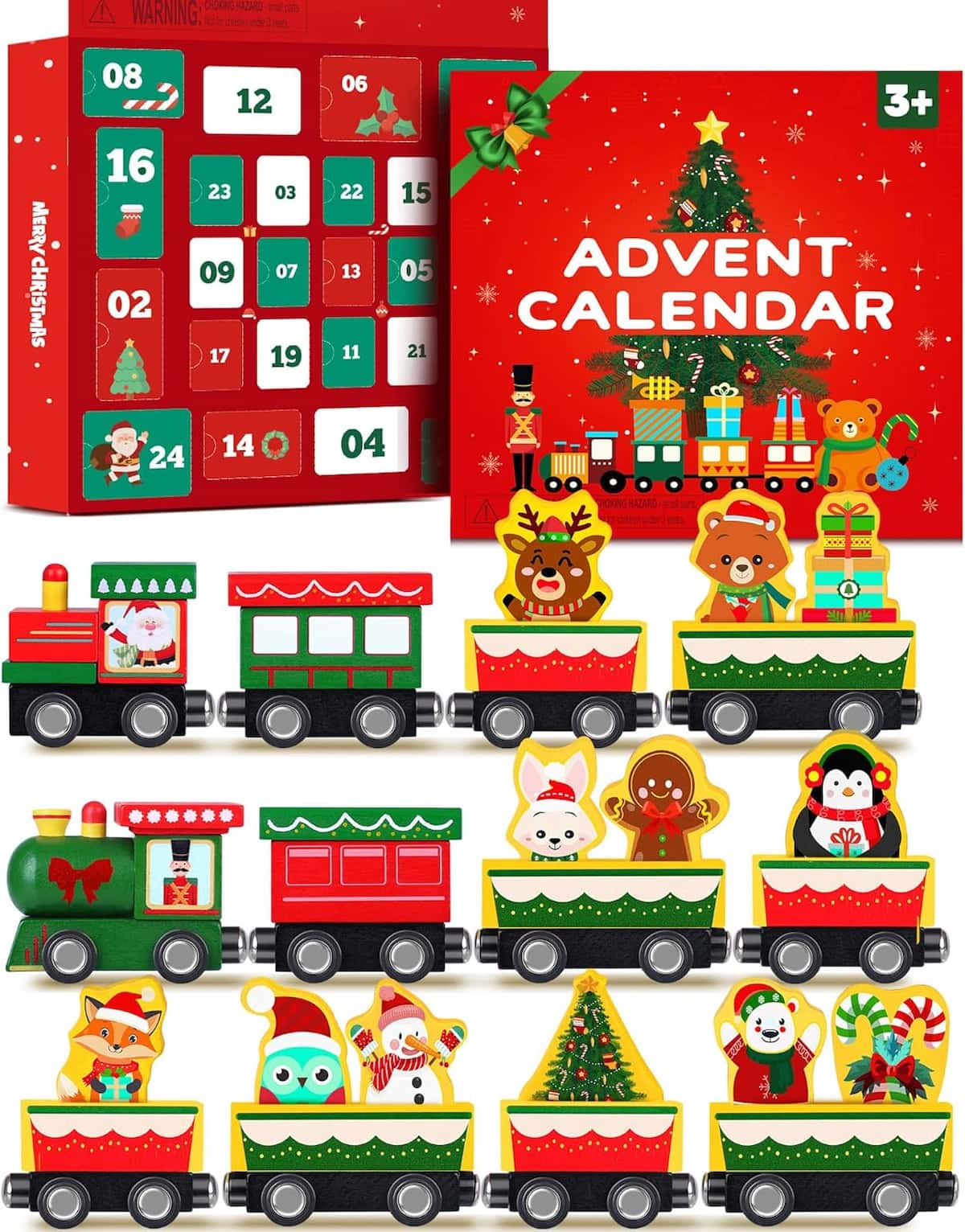 A Toddler Magnetic Wooden Train Advent Calendar with 24 days of pieces to open from a big red box.