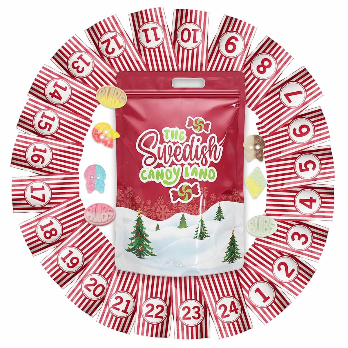 The Swedish Candy Land advent calendar bag featuring vegan, gelatin-free candies in small labeled pouches by Bubs Swedish Candy.