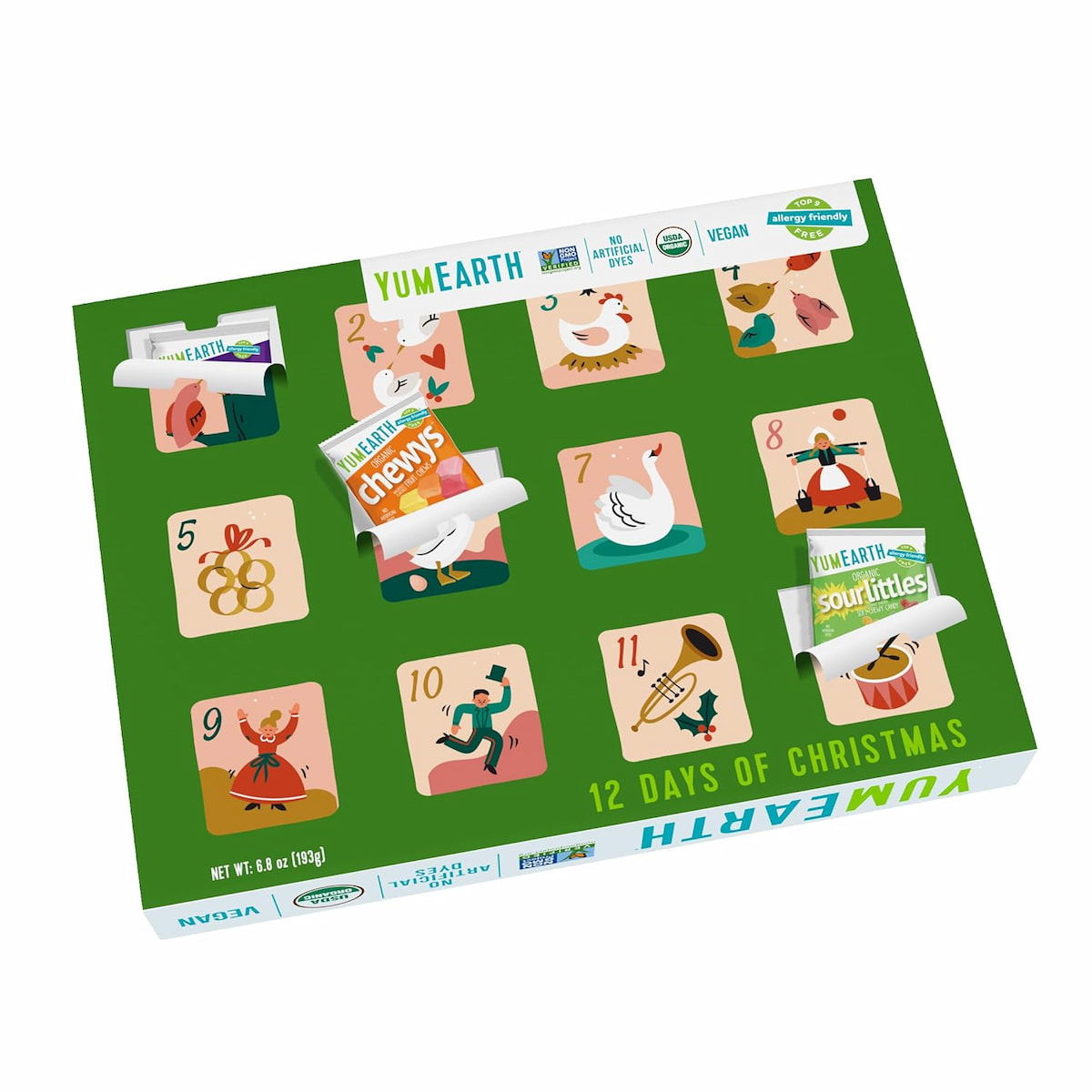 A holiday box of Yum Earth organic allergy-friendly candies in an advent calendar style.