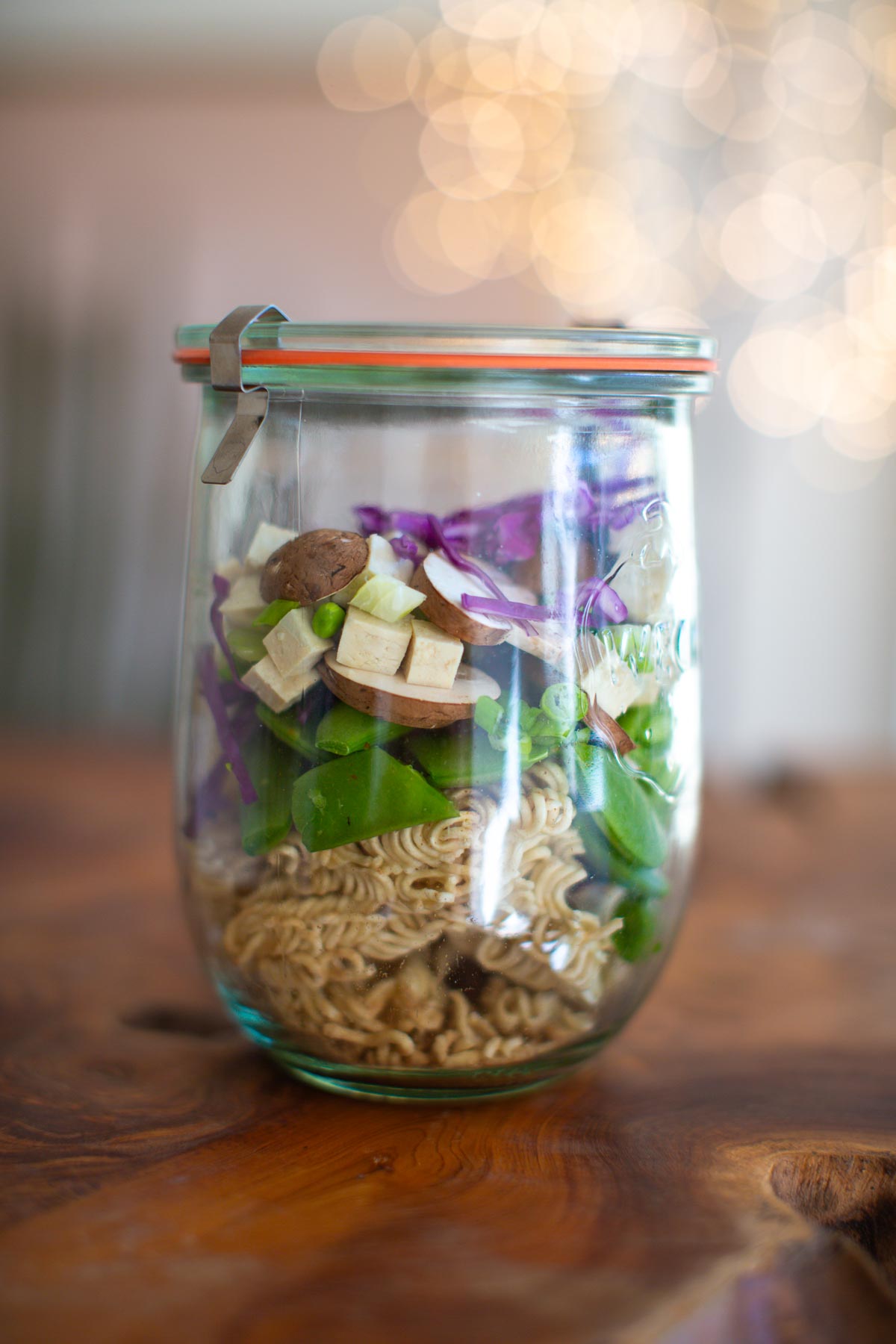 Meal prepped ramen jar with veggie and tofu.