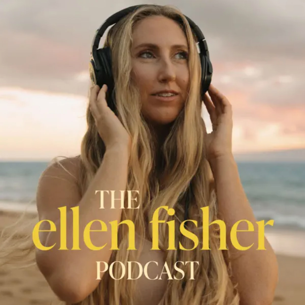 The Ellen Fisher vegan podcast on a Hawaiian beach background.