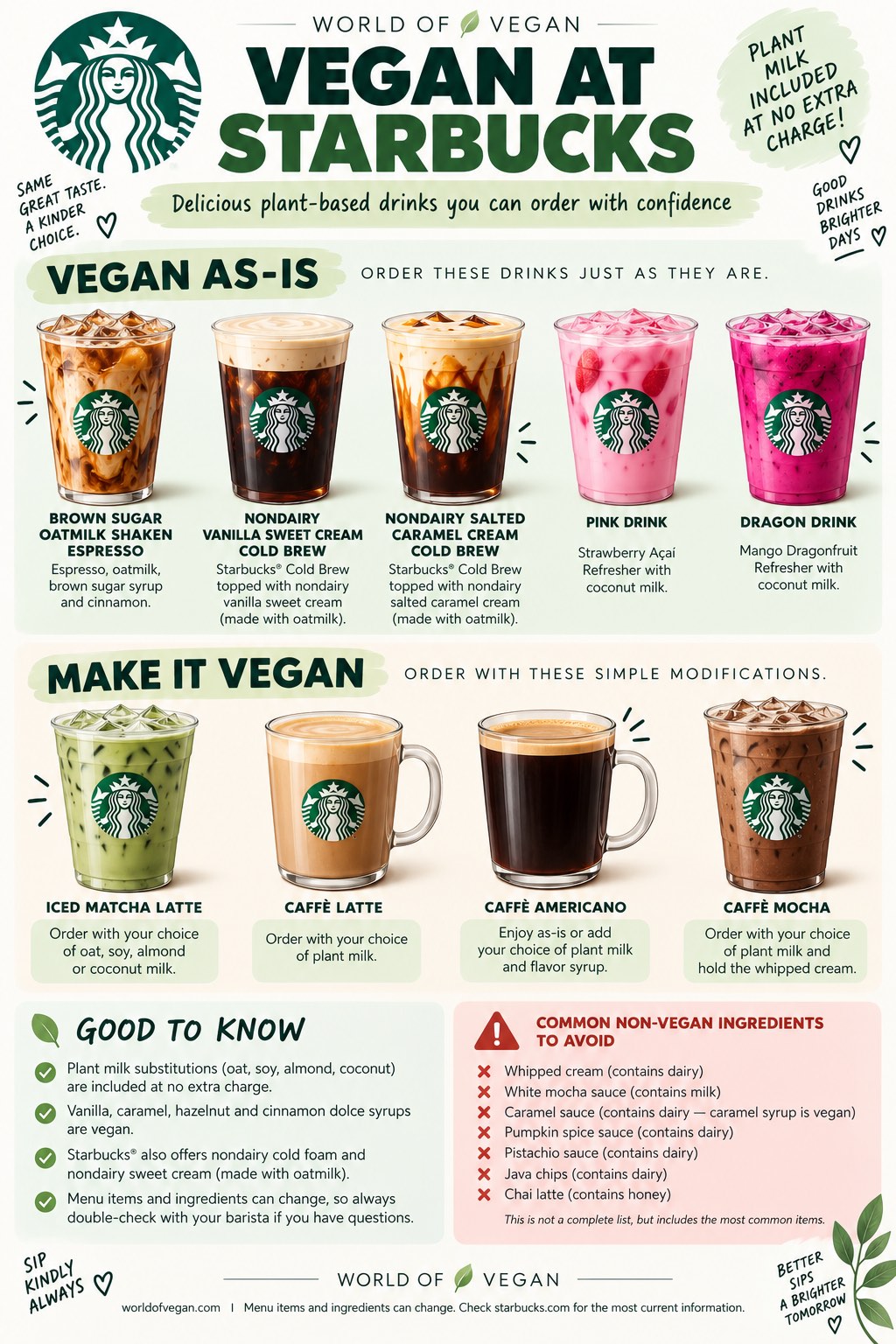 A printable graphic showing the best vegan drinks you can order at Starbucks including brown sugar oatmilk espresso, vanilla sweet cream cold brew, pink drink, dragon drink, and nondairy salted caramel cold brew.