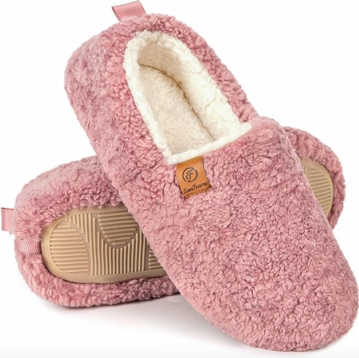 EverFoams cozy vegan slippers in rose pink on a white background.