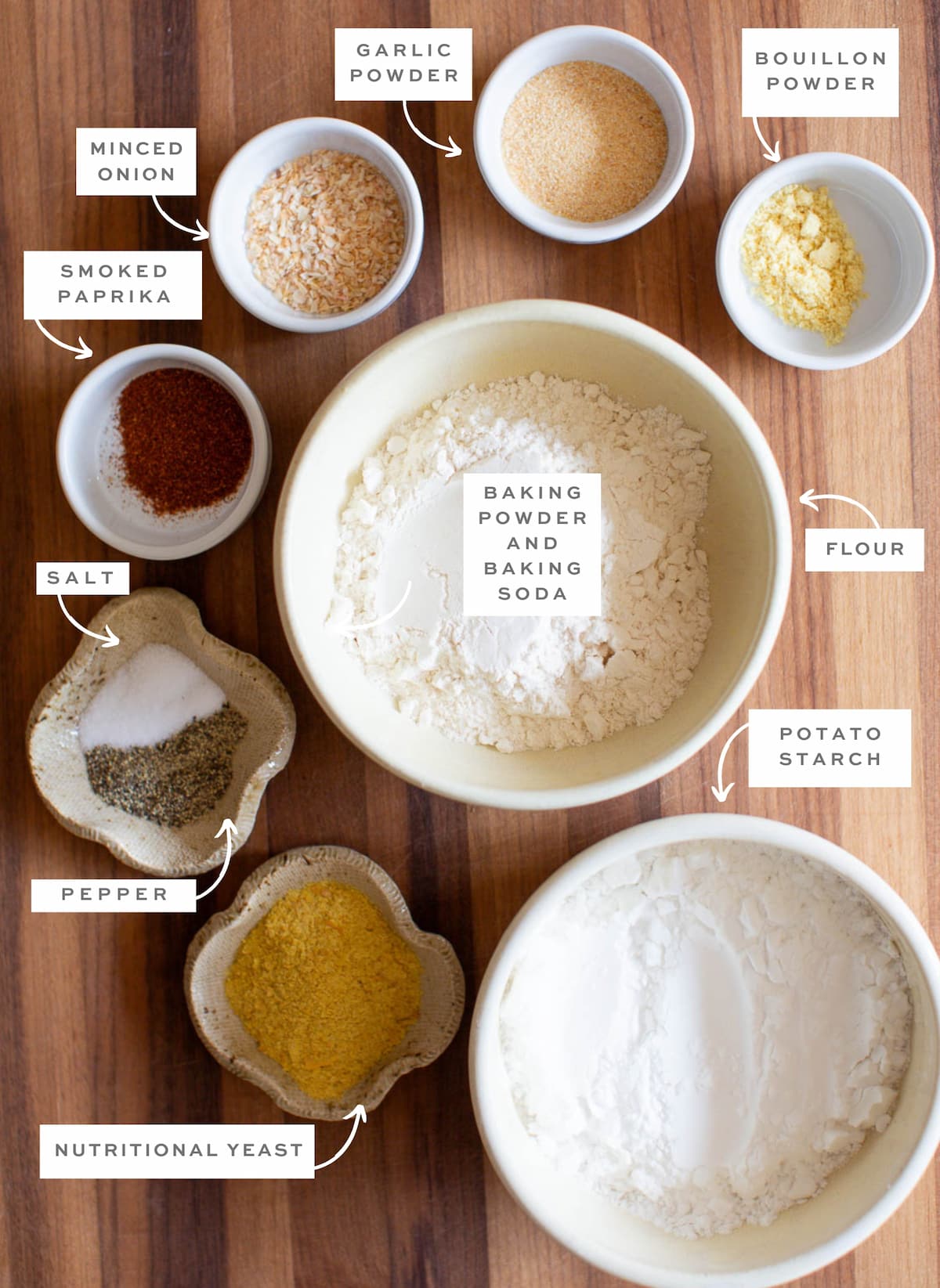 Labeled ingredients in bowls on a wooden cutting board for vegan fried chicken.