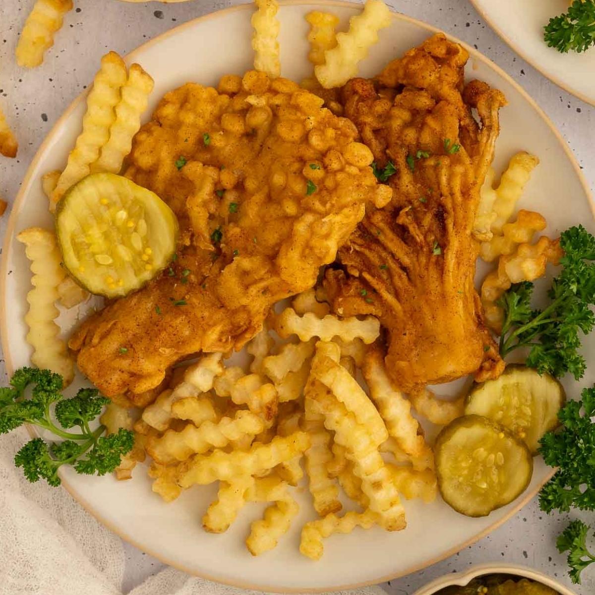 Enoki mushroom fried chicken on a white plate with french fries, pickles and fresh herbs.
