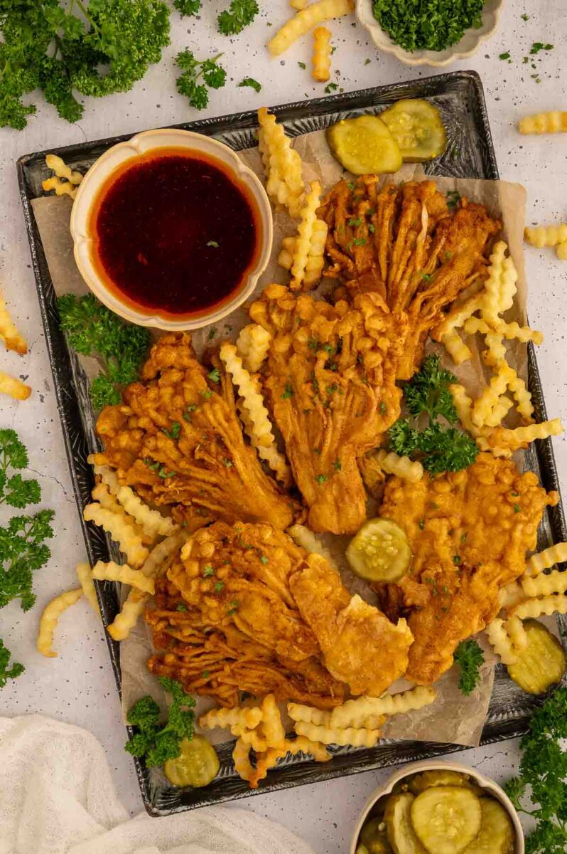 Fried Enoki Mushroom Nashville Hot Chicken Tenders | World of Vegan