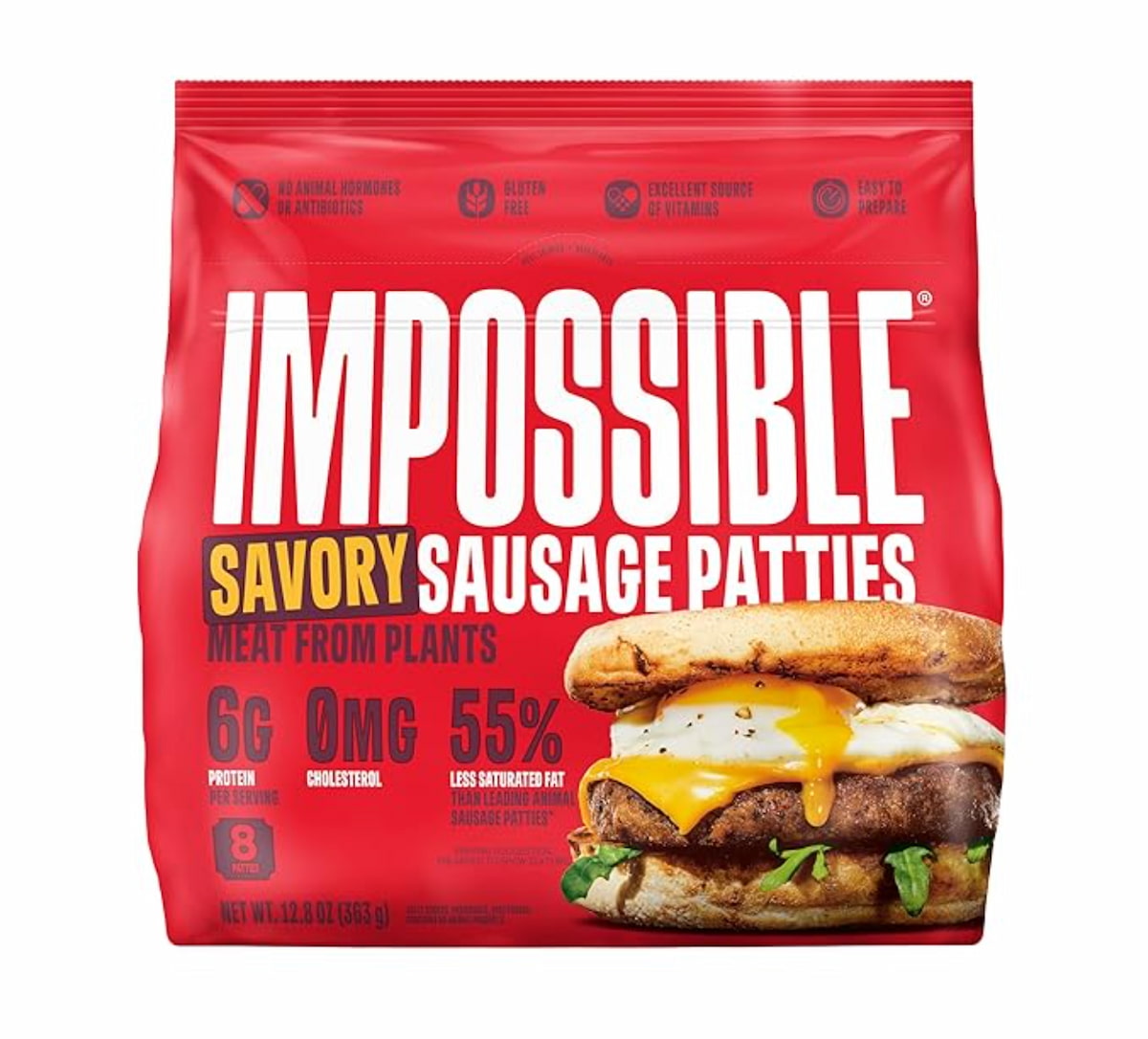 A bag of Impossible Foods savory sausage patties for vegan pork guide.