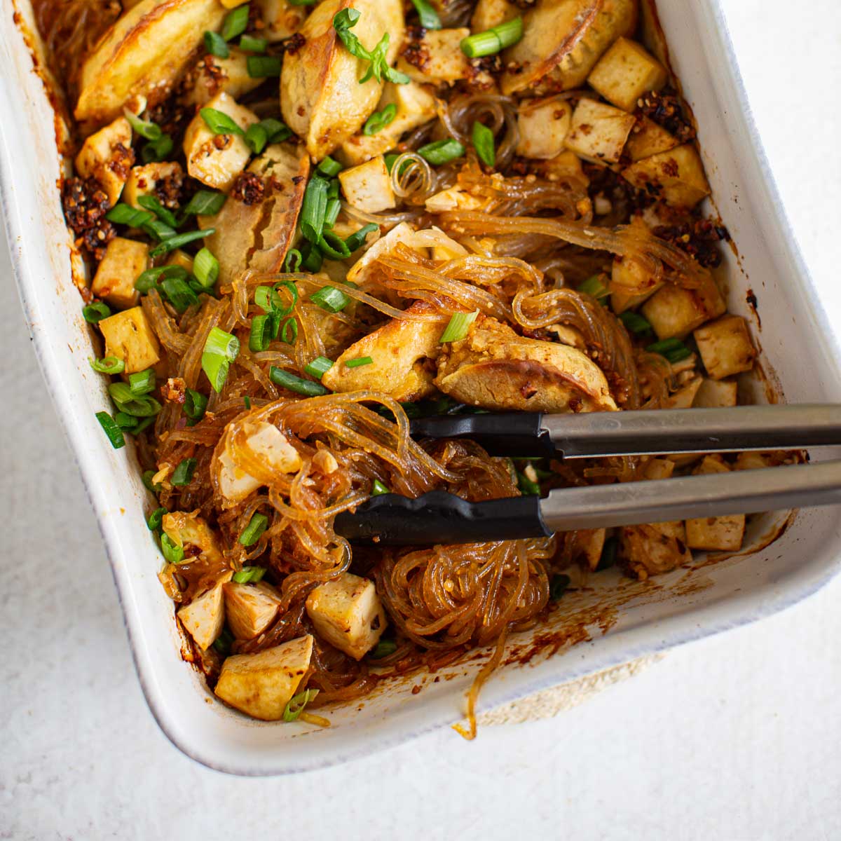 One-Pan Dumpling Dinner Casserole with Glass Noodles and Tofu