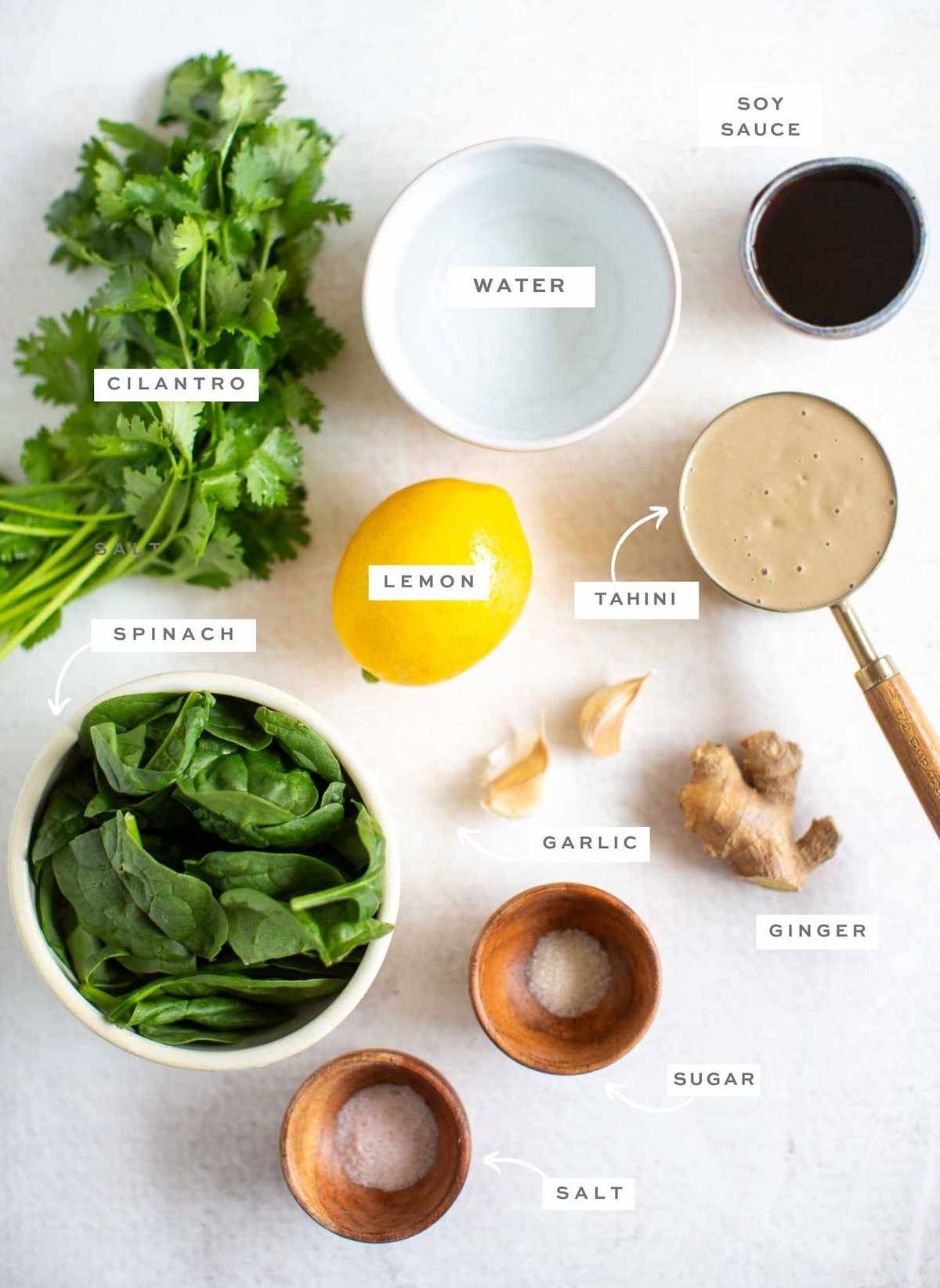 Ingredients for a cilantro tahini dressing labeled on a white background.