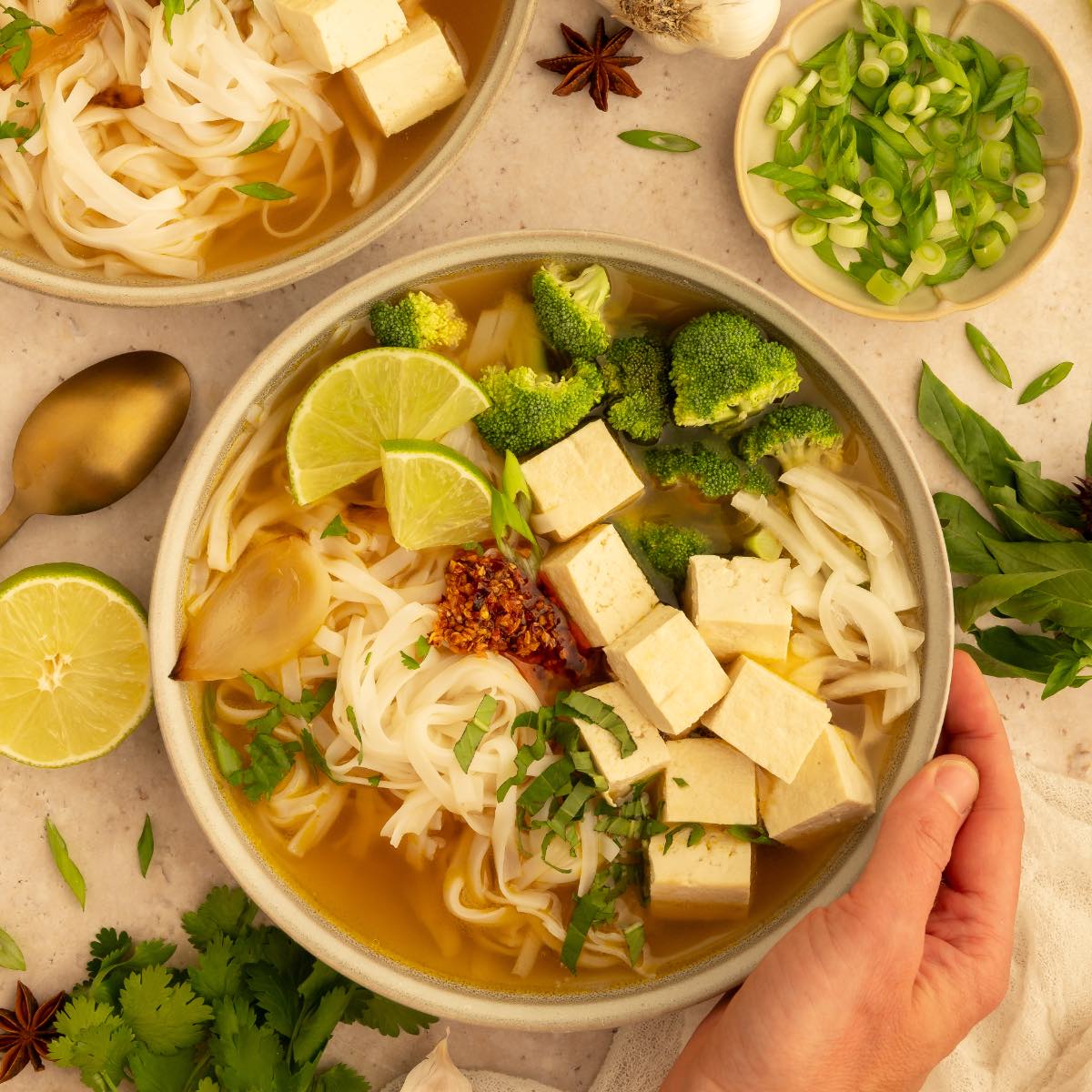 A bowl of hot vegan pho soup topped with tofu, broccoli, and chili.