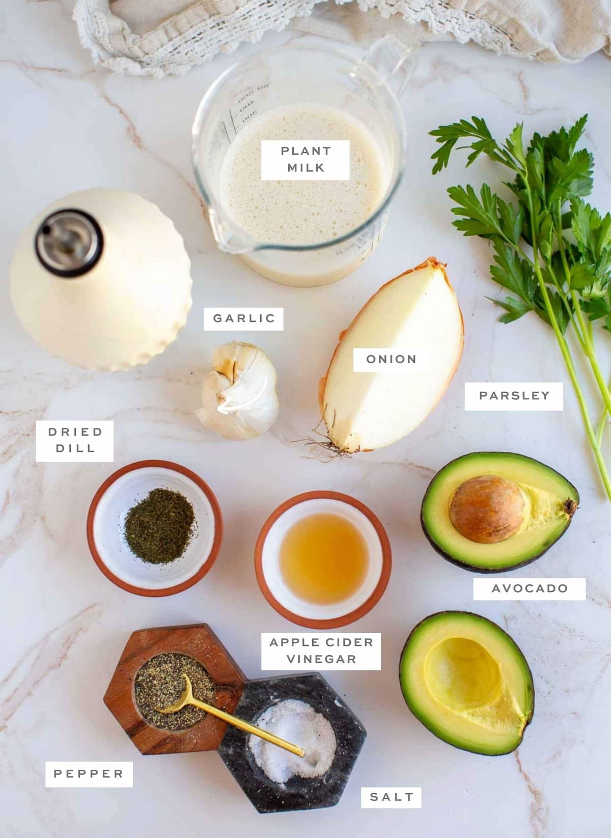 Dairy-free avocado ranch dressing ingredients with labels.