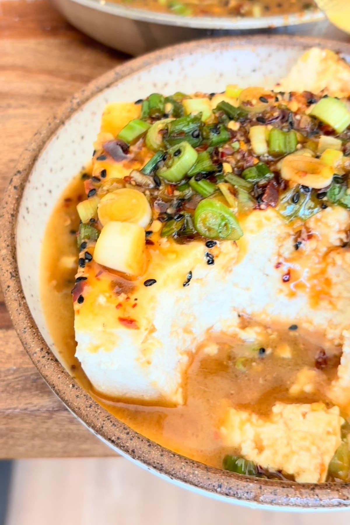 A close up of chili oil silken tofu on a plate topped with green onions and crushed red pepper.