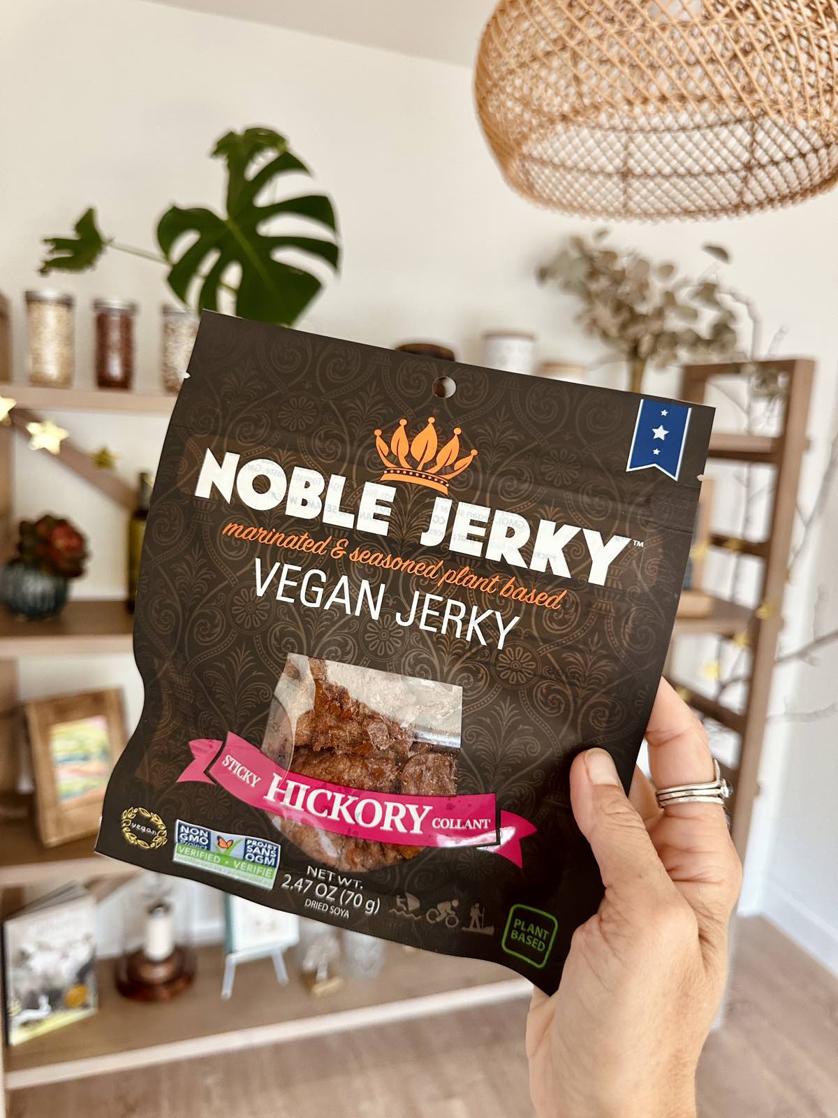 A package of vegan jerky from the brand Noble Jerky.