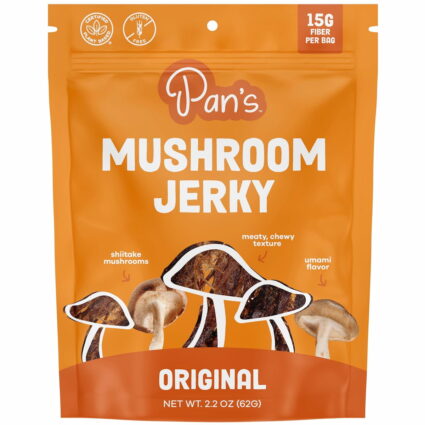 An orange package of Pan's mushroom vegan jerky.