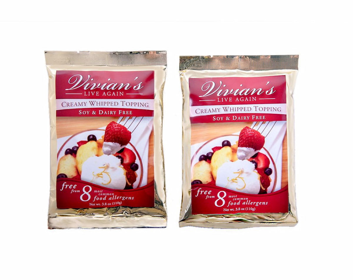 Two packages of Vivian's Live Again creamy whipped topping that is soy and dairy-free. This is another option for vegan whipped cream brands.