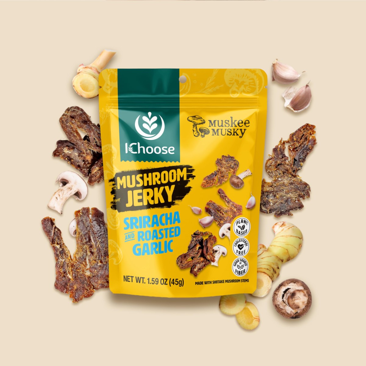 Mushroom jerky ingredient flatlay with a yellow bag of vegan mushroom jerky from iChoose.