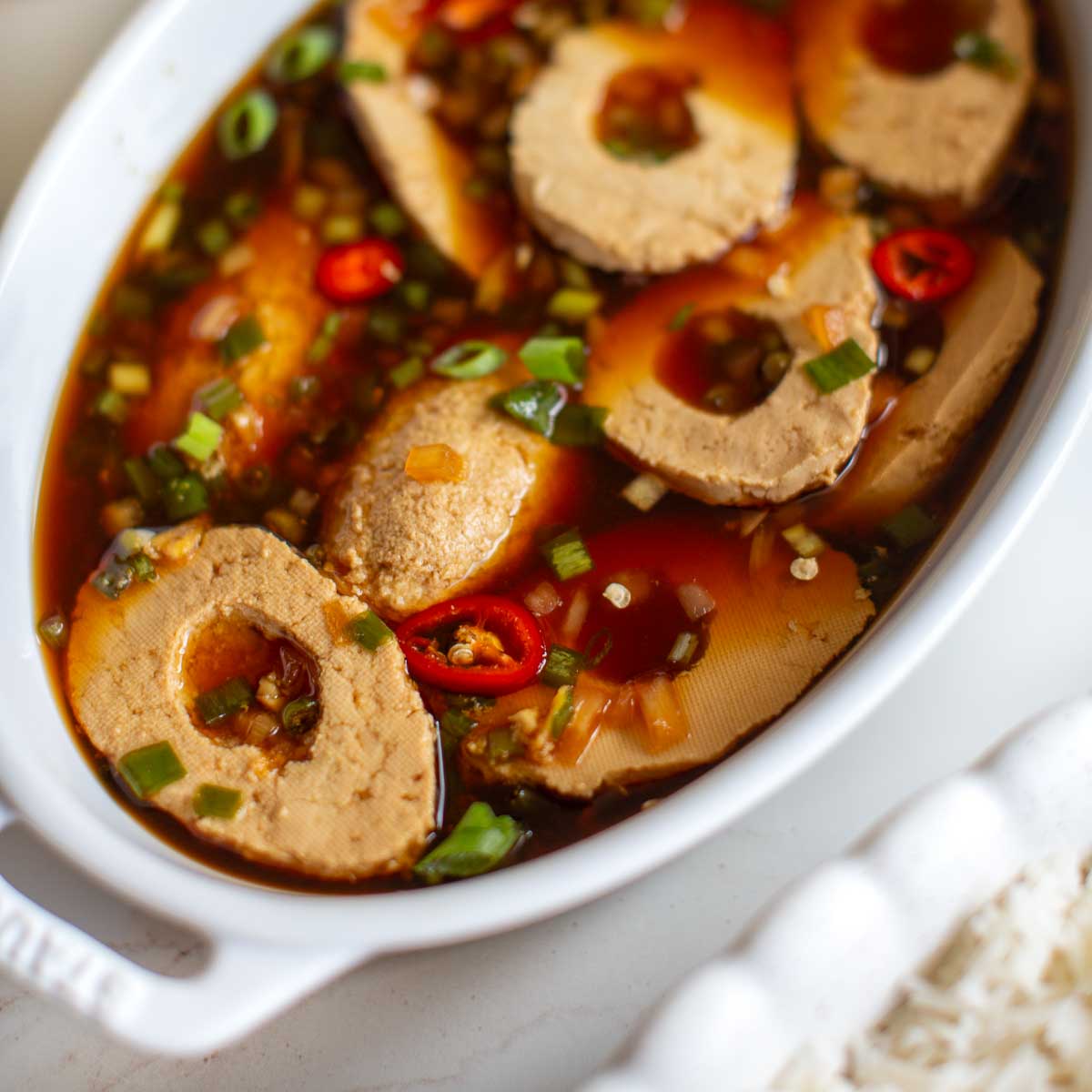 Mayak tofu eggs in sweet and savory marinade.