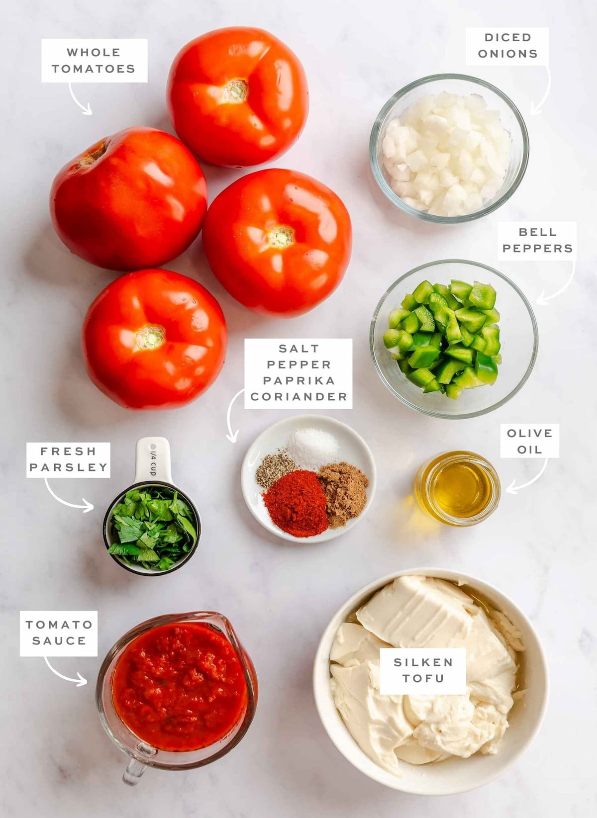 Ingredients for silken tofu vegan shakshuka with labels.
