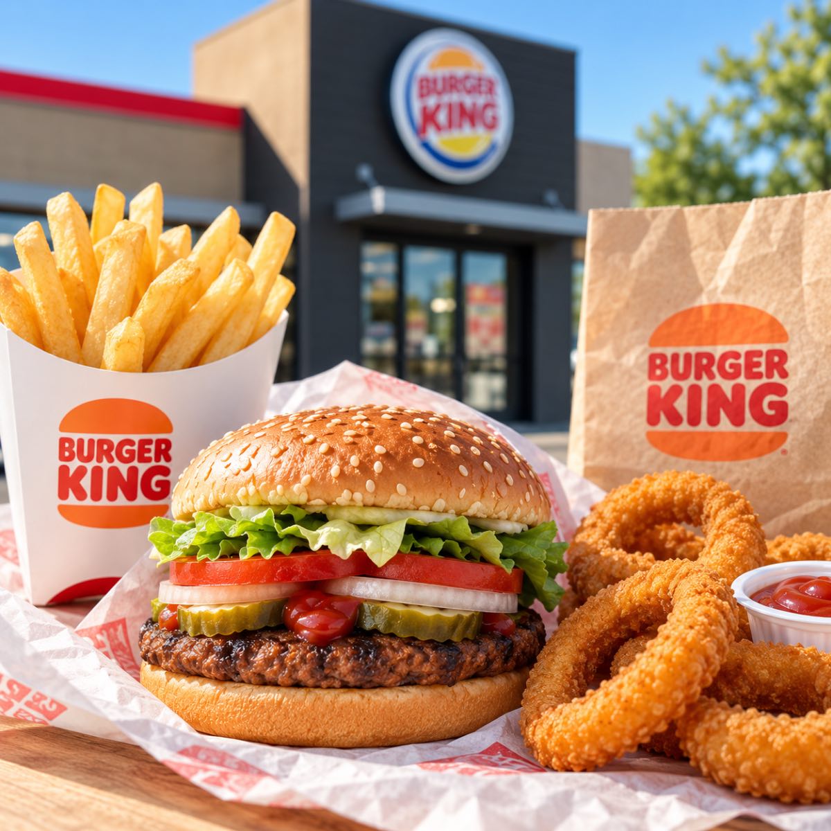 Photo of the vegan items at Burger King including the impossible whopper, onion rings, and fries.