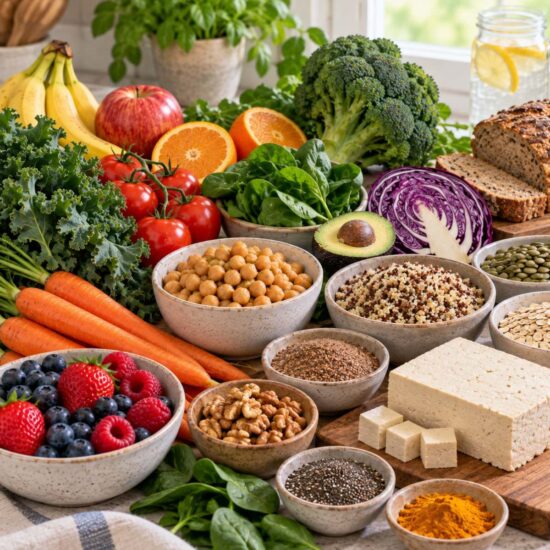 A variety of healthy plant-based foods from the daily dozen on a countertop, including berries, flaxseed meal, beans, vegetables, turmeric, and more.