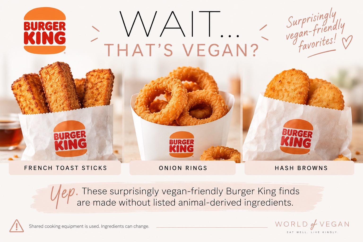 A graphic showing which surprising sides are vegan at burger king, including french toast sticks and onion rings.