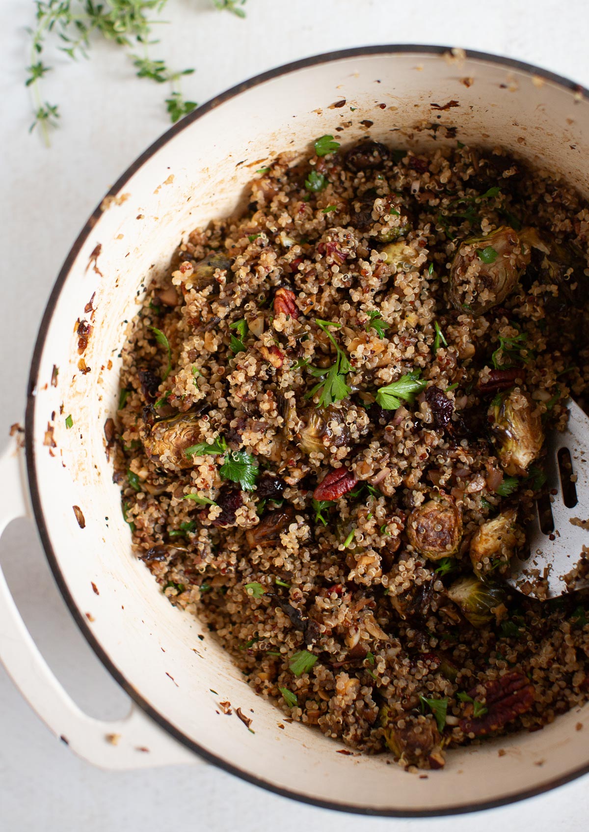 Finished quinoa filling for a stuffed butternut squash recipe.