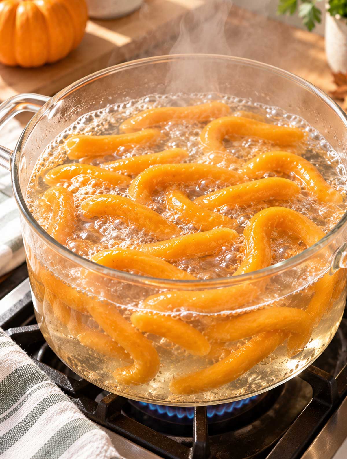 Boiling homemade thick pumpkin noodles in a glass pot on the stove.