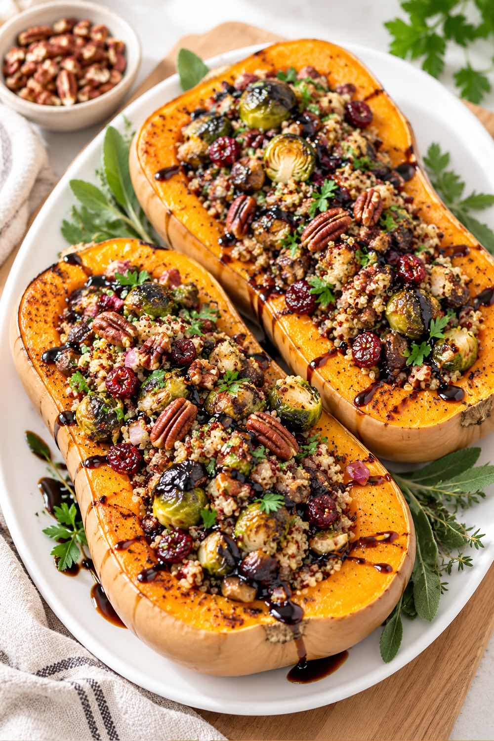 Beautiful vegan stuffed butternut squash served on a Thanksgiving dish filled with fall harvest ingredients.