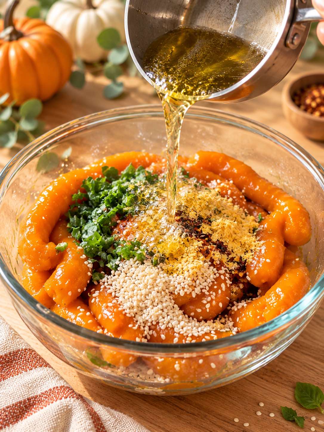 Pouring hot olive oil over sauce ingredients on pumpkin noodles in a glass bowl.