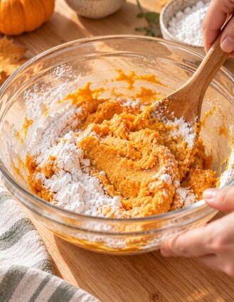Mixing together pumpkin puree and potato starch in a glass bowl to make pumpkin noodle dough.