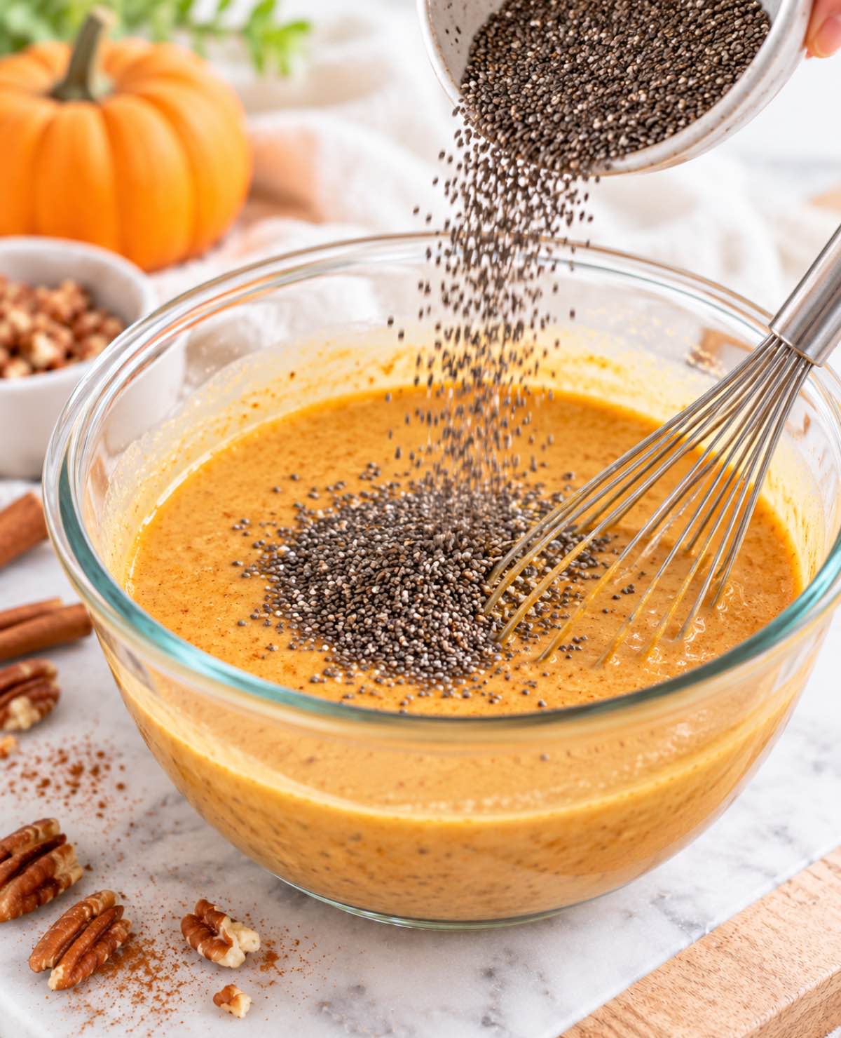 Pouring chia seeds into the pumpkin pie spice mixture in the bowl.