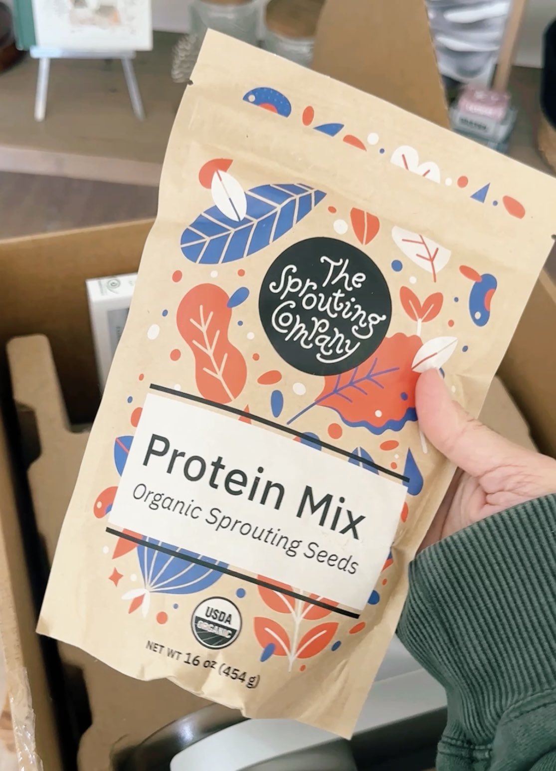 Bag of protein mix from The Sprouting Company with seeds, peas, and lentils.