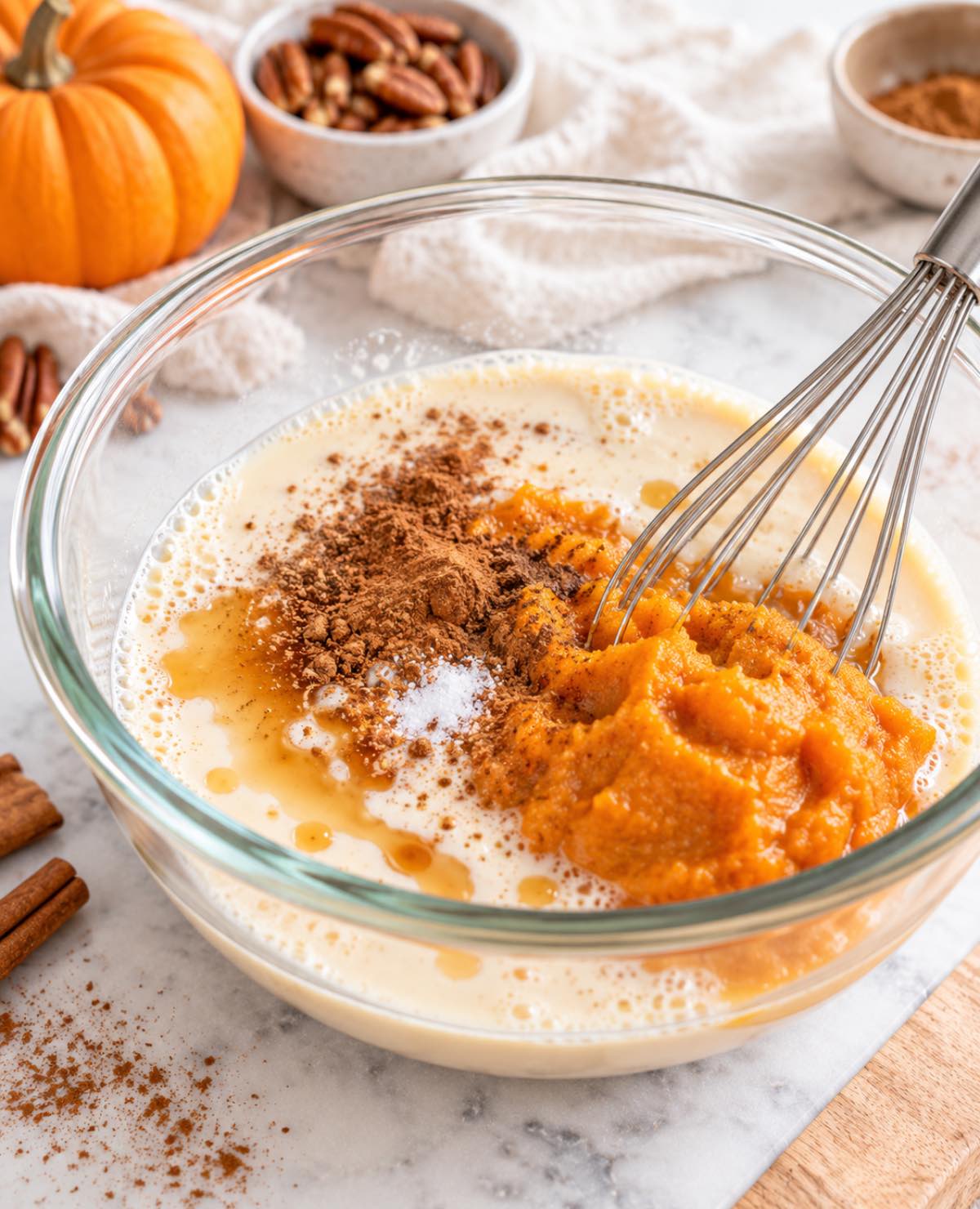 Ingredients for pumpkin pie chia pudding in a glass bowl with a whisk.