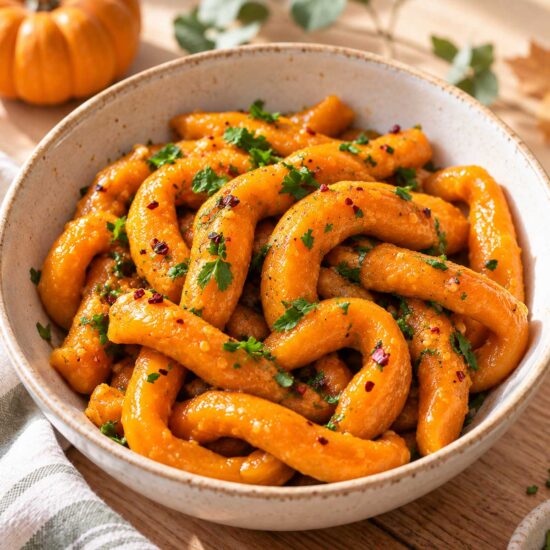 A ceramic bowl of homemade pumpkin noodles with a pumpkin in the background.